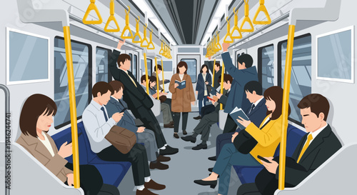 Commuters Traveling in a Modern Subway Train Carriage