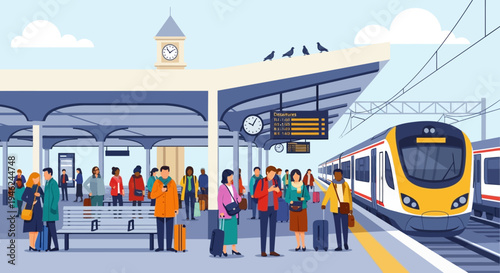 Commuters Waiting at a Modern Train Station Platform