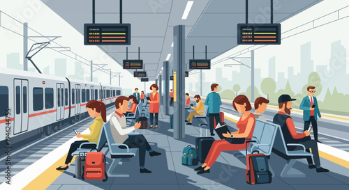 Commuters Waiting for Train at Modern Railway Station Platform