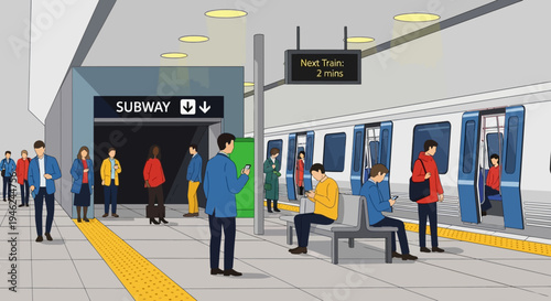 Commuters Waiting at Modern Subway Station Platform Illustration