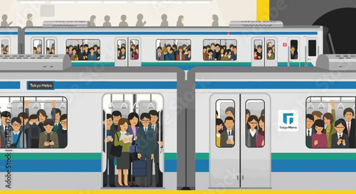 Crowded Subway Train with Commuters in Modern Urban Transit