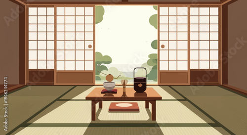 Minimalist Japanese Tea Room Interior with Tatami Mats and Sliding Doors