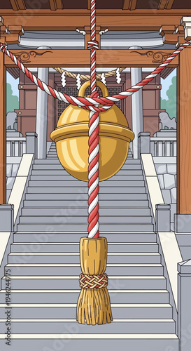 Japanese Shinto Shrine Bell and Prayer Rope Illustration