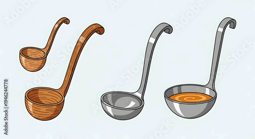 Vector illustration of kitchen ladles. Assorted wooden and metal designs. Essential culinary tools for expertly serving delicious soups, sauces, and prepared food with efficiency and style