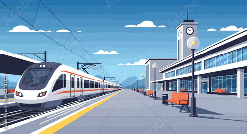 Modern High Speed Train Arriving at Railway Station Platform