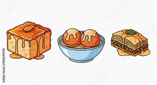 Vector illustration of traditional Middle Eastern and Mediterranean desserts, featuring syrup-soaked pastries, sweet cakes, and dumplings, perfect for menus and food blogs