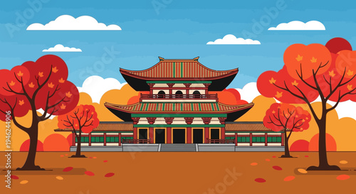 Traditional Korean Palace Architecture in Autumn Landscape