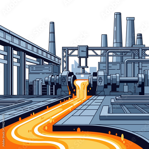 Molten metal flowing in a factory, industrial production, steel casting, heavy industry