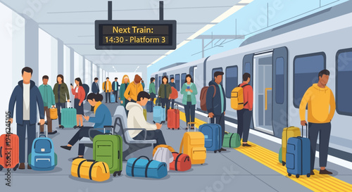 Crowded Train Station Platform with Passengers and Luggage