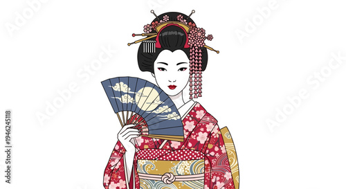 Elegant Japanese Geisha Holding Traditional Folding Fan
