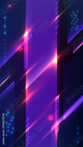 Futuristic abstract background with neon pink and blue geometric shapes and glowing light streaks on dark purple for sci fi technology and digital cyberpunk