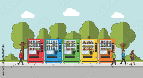 Colorful Vending Machines in a Public Park Setting