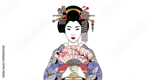 Beautiful Japanese Geisha in Traditional Kimono Holding a Fan