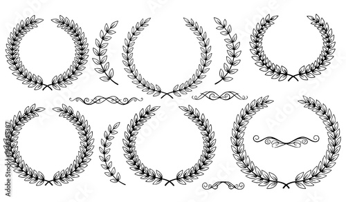 Hand drawn vintage laurel wreath collection with black laurel leaves branches frames and award symbols vector