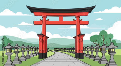 Traditional Japanese Torii Gate and Stone Lantern Path Illustration