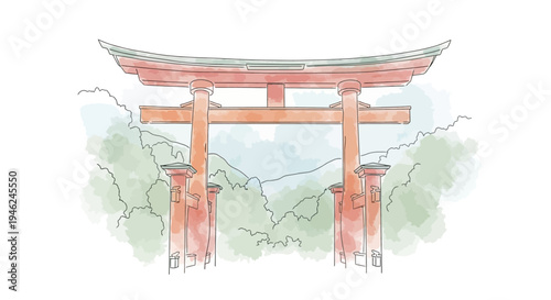 Watercolor illustration of a traditional Japanese torii gate in a serene forest landscape