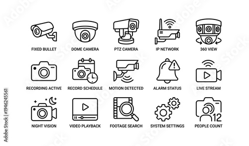 Surveillance icons set for security systems with cameras and alarms