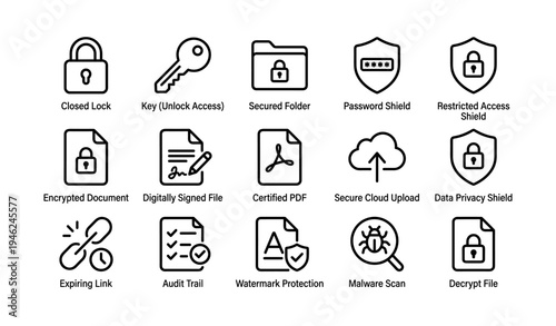 Secure access icons collection: lock, key, folder, shield, document, cloud, security