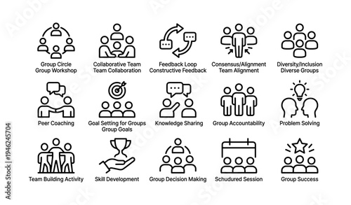 Collaborative group activities and team development icons focused on problem solving