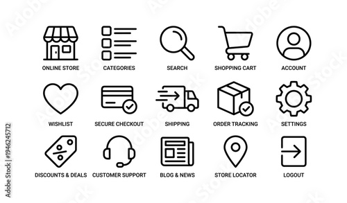E-commerce icons: online store, shopping cart, order tracking, secure checkout, customer support