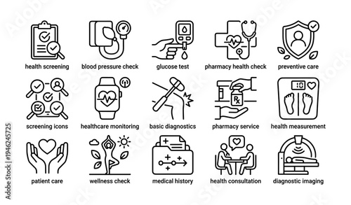 Healthcare icons: health screening, pharmacy service, wellness check, diagnostic imaging