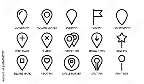 Collection of geometric pin and marker icons with various designs and shapes