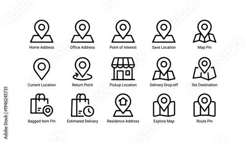 Location icons set featuring map pin and address markers