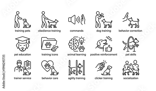 Dog training icons set: obedience, commands, behavior, and skills tools