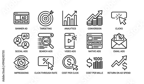 Digital advertising icons: metrics, targeting, analytics, conversion, ctr, roi