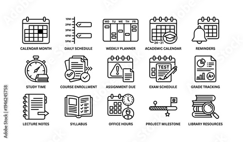 Academic planning icons: calendar, scheduling, study tools, reminders, and deadlines