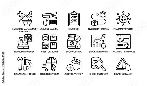 Inventory management and pharmacy system icons: stock, barcode, logistics tools