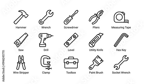 Collection of various hand tools with simple outline icons