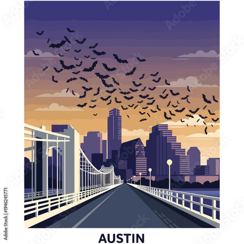 A vector illustration of the Austin, Texas skyline at dusk with a bridge in the foreground and a large swarm of bats flying overhead.