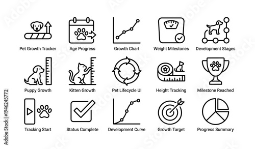 Pet growth tracker icons for development stages and milestones