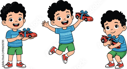 Vector illustration set of a cute, curly-haired little boy happily receiving a red toy car as a gift. 