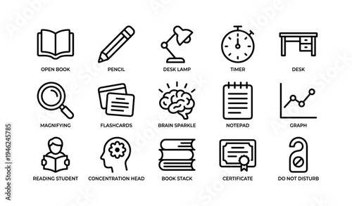 Education and study icons set featuring desk tools and learning symbols