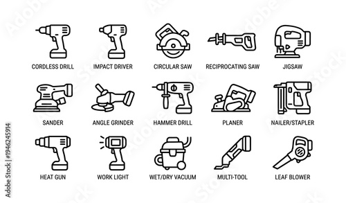 Power tools collection: drills, saws, sanders, and more icons