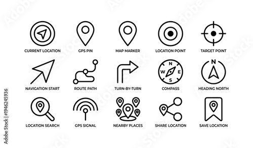 Navigation and location icon set: gps, map markers, compass, and sharing symbols