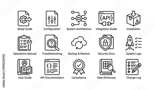 Icons representing setup guide configuration system architecture integration and installation