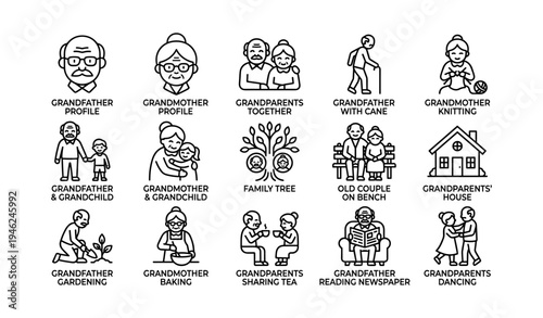 Grandparents activities icons: family time, gardening, reading, baking, knitting