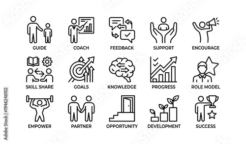 Icons of guidance and success: coaching, empowerment, knowledge, goals, progress