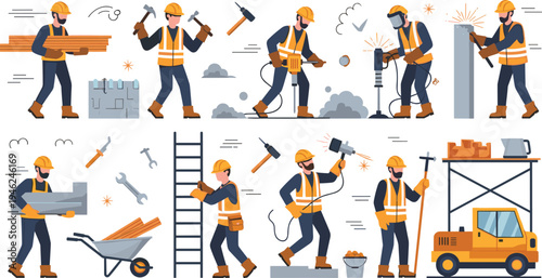 Professional construction workers performing manual labor tasks with industrial tools machinery and building materials in modern flat vector style