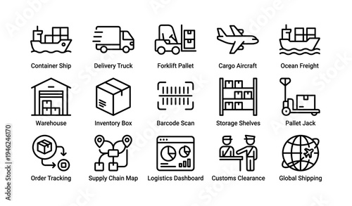 Logistics and shipping icons: transportation, inventory, warehouse, delivery, global