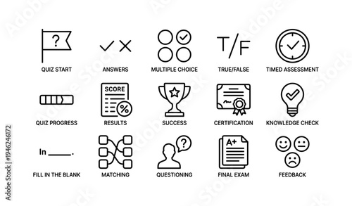 Educational assessment icons: quiz, answers, certification, success, feedback