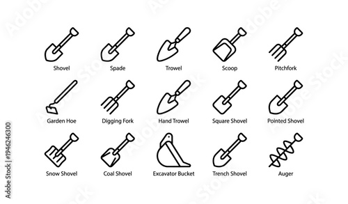 Gardening tools icons set: shovel, spade, trowel, pitchfork, auger