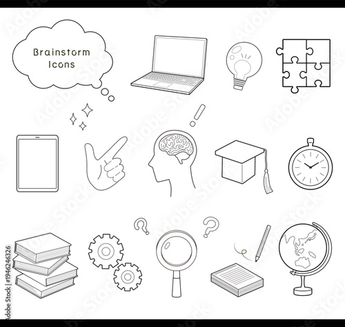 ひらめきや発見を表すアイコンの線画セット