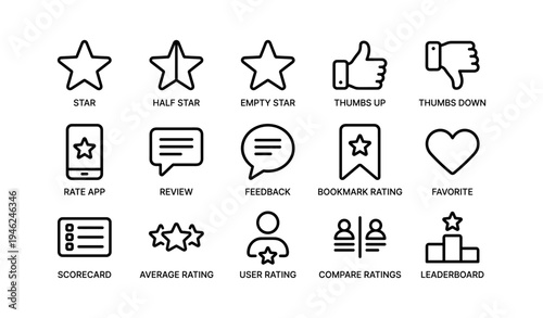 Rating and feedback icons: stars, thumbs, bookmark, heart, scorecard, users