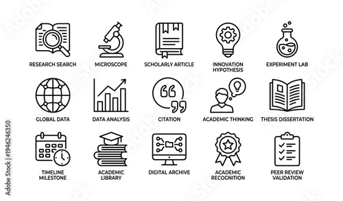 Academic icons: research, innovation, data analysis, thesis, digital archive