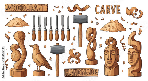 Flat lay of various wooden sculptures and carving tools with the words 'WOODCRAFT', 'CARVE', and 'HANDMADE' on a white background.