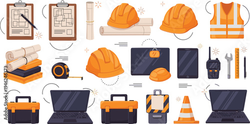 Construction site equipment set with safety helmets vests blueprints and architectural planning tools in professional flat vector illustration collection